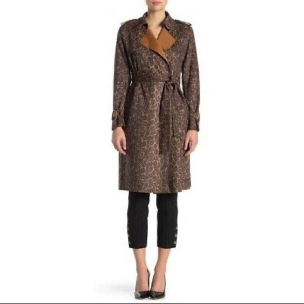 Catherine Malandrino Faux Suede Trench Coat Womens XS‎ Brown Leopard Print